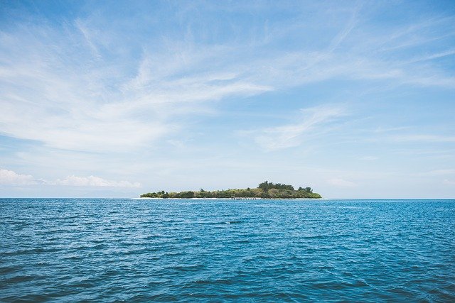 A wide image of a desert island in the middle of the sea.