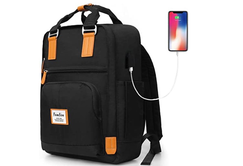 Laptop backpack with multiple compartments and USB port.