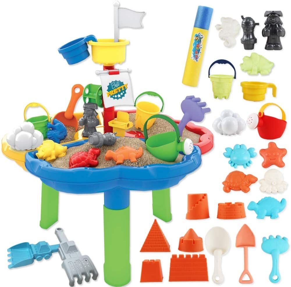 Set of sand and water table with colorful outdoor materials.