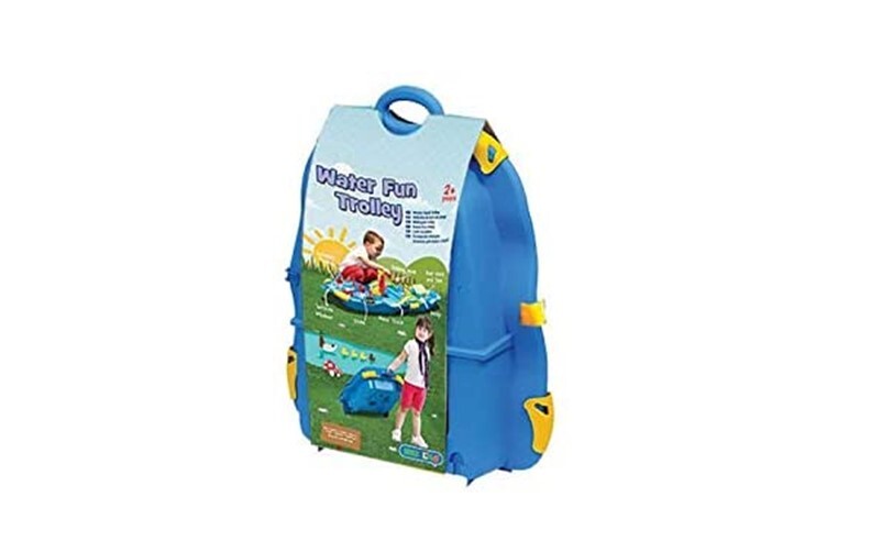 Blue water fun trolley with different playing accessories inside.