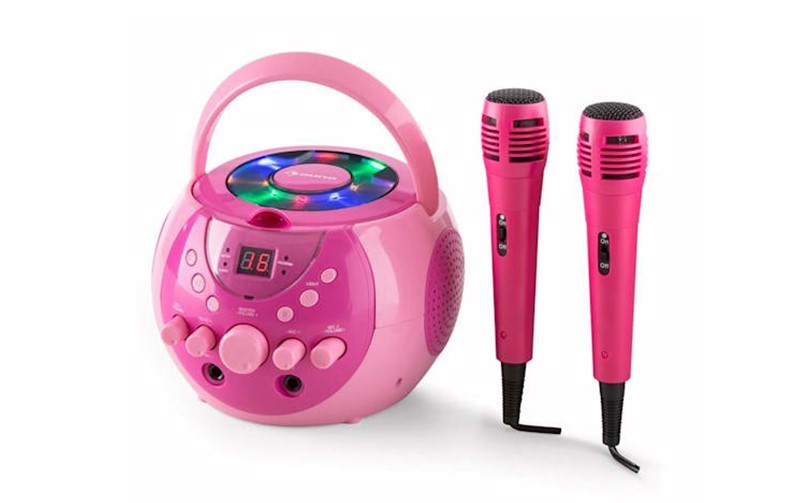 Gorgeous pink portable set karaoke system with sparkly light fit for sassy kids.