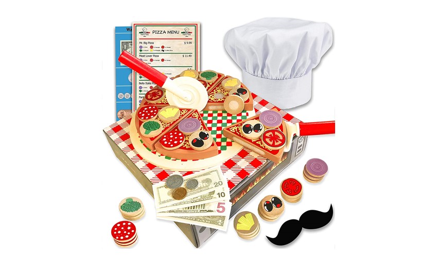 Colorful, fun and realistic wooden pizza toy for kids.