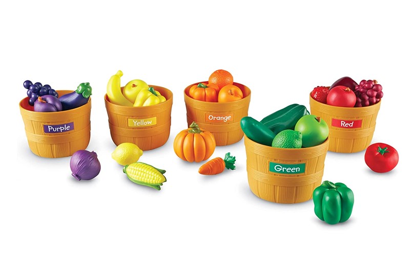 Cute orange food sorting basket with different colors labeled for fruits, vegetables and more colorful food toys.