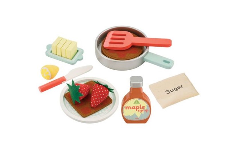 Complete set of toys, materials and ingredients for pancake.