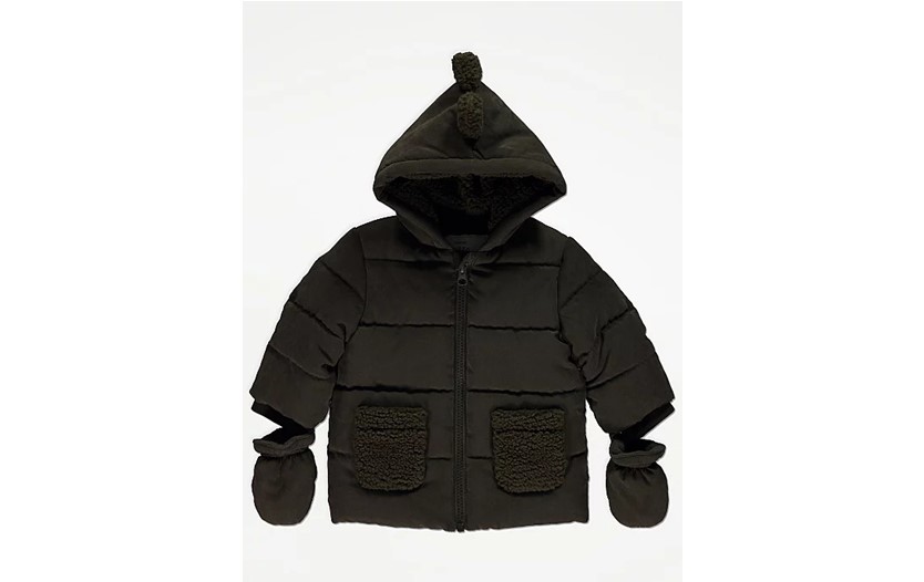 Cute dinosaur hooded coat with mittens to protect hands from colds.