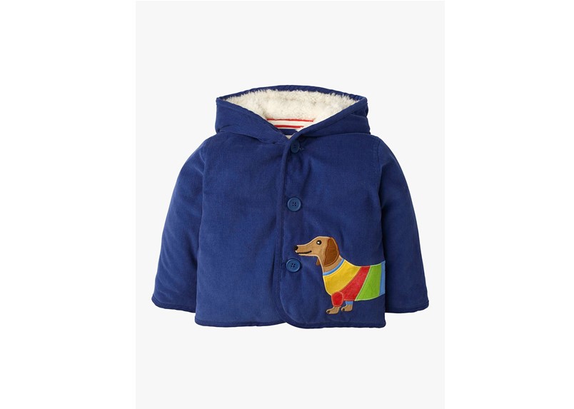 Adorable blue hooded baby cord jacket with sausage dog design.