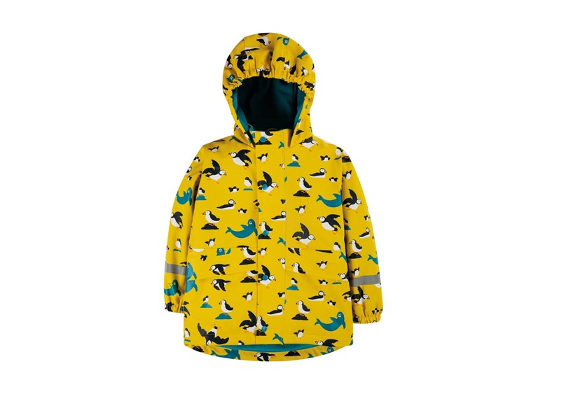 Unique quality of coat with vibrant yellow color, playful penguin and sea lion prints.
