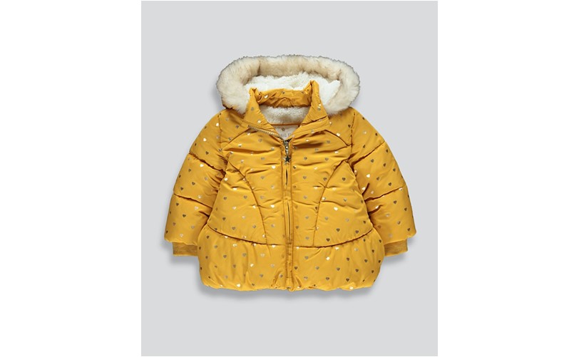 Elegant ochre coat with metallic gold heart made of polyester perfect winter or cold weather.