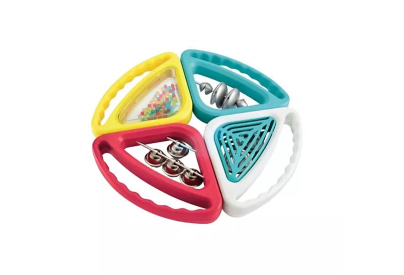 Colorful music maker and baby rattle that create four different sounds.
