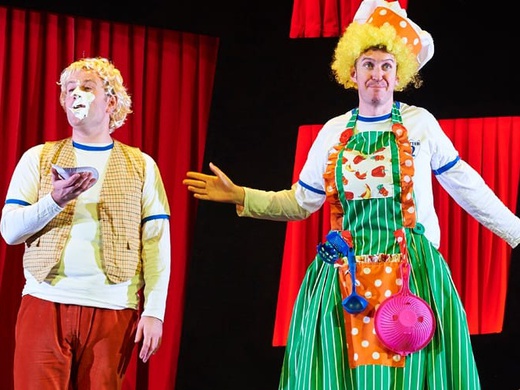 The CBBC duo Jeff and Dan on stage in the show Potted Panto.