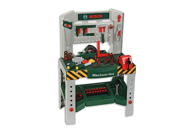 Green grey bosch workbench with sound and realistic construction toys.