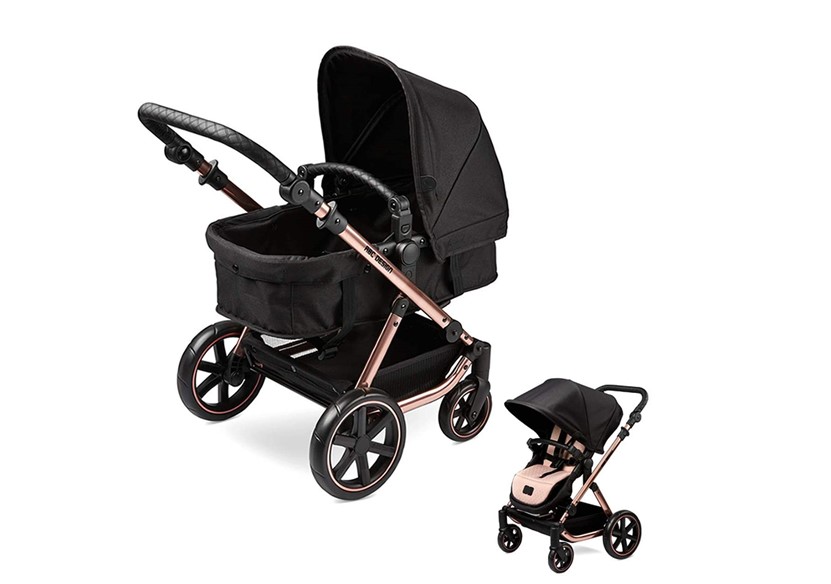 Elegant, sophisticated and realistic rose gold and black doll's pram and push chair.