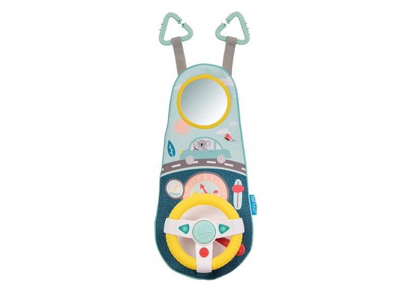 Unique design with soft colors of car wheel travel toy.
