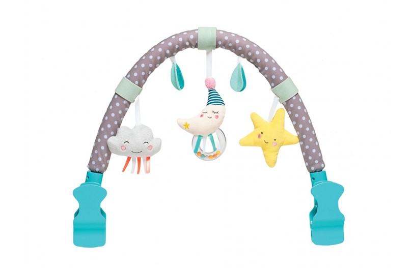 Easy adustable mini moon pram arch for babies to entertained them by soft and musical hanging rattle toys.
