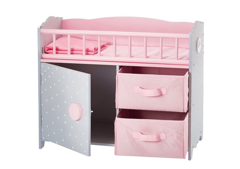 Elegant multi-purpose polka dots cabinet and cubby with crib for the doll.