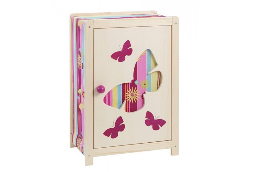 Beautiful and colorful design of wooden doll's wardrobe with unique butterfly print.