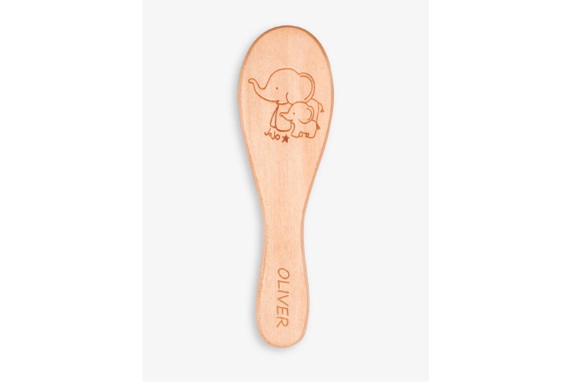 Adorable elephant print design of wooden hair brush with soft and gentle bristles.