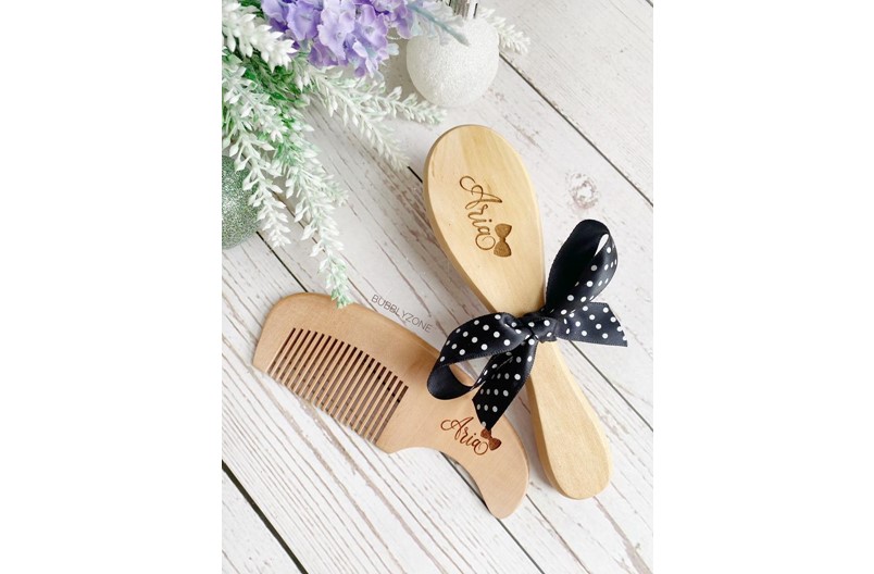 Elegant look of personalized hair brush and comb, bristles made of soft goat's hair perfect for little gift.