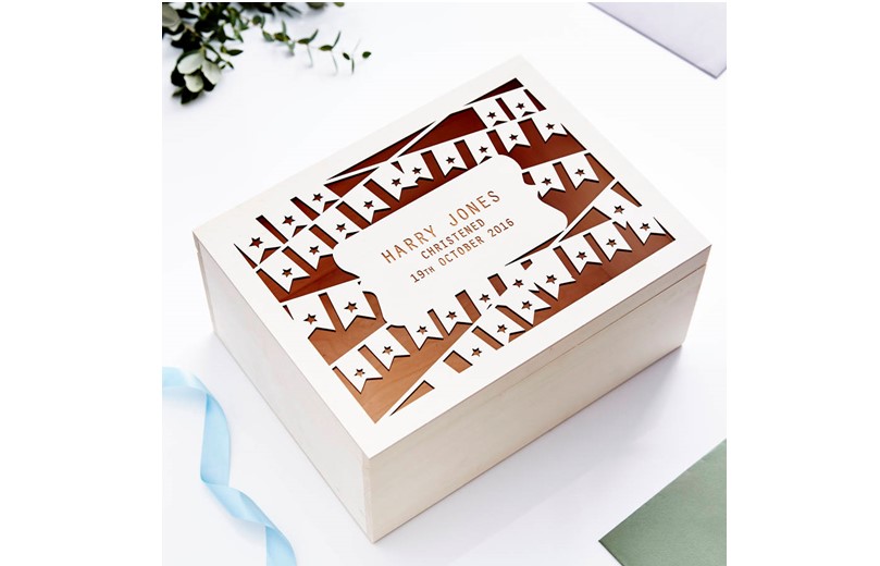 Unique personalized keepsakes box with prints of your name and birthday.
