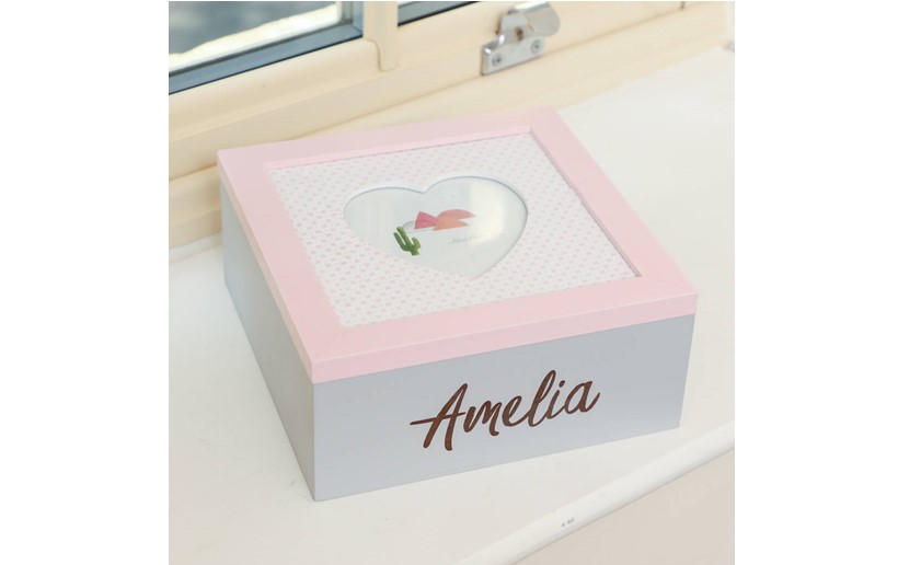 Simple but elegant pink white keepsake box with cute heart cut in the center.