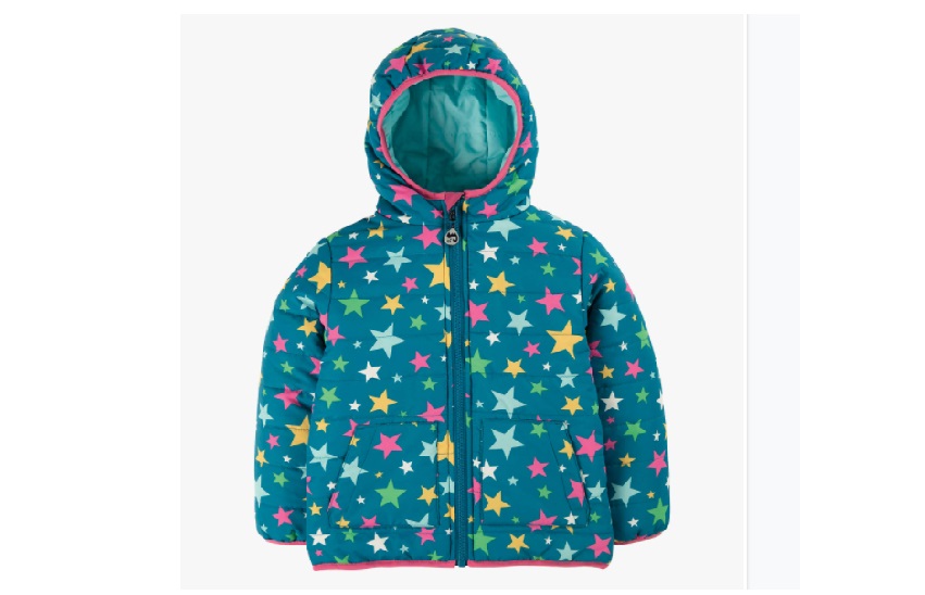 Reversible waterproof blue jacket with colorful stars design.