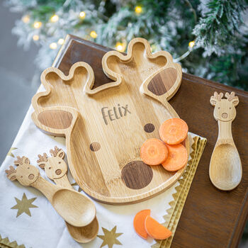 Personalised Reindeer Bamboo Christmas Plate Set