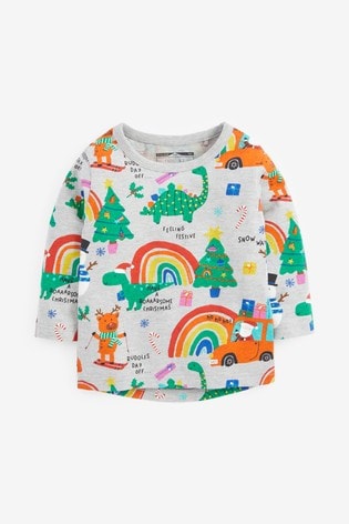 Next Grey Marl Long Sleeve Christmas Rainbow T-Shirt