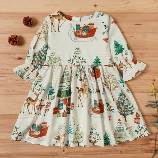 PatPat Baby/Toddler Vintage Christmas Reindeer Print Long Sleeve Dress