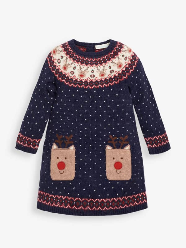 JoJo Maman Bébé Girls' Navy Reindeer Fair Isle Dress