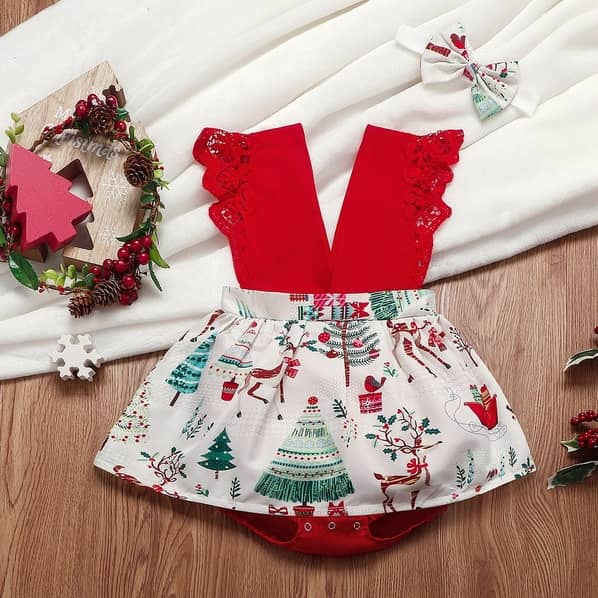 PatPat Two Piece Baby Girl Sweet Christmas Tree Romper With Headband