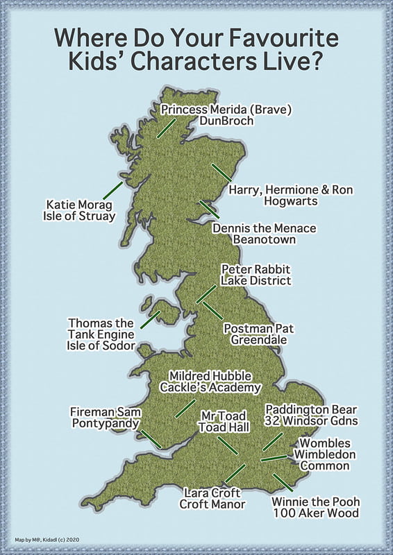 Kidadl's map of where your favourite kids' characters live.