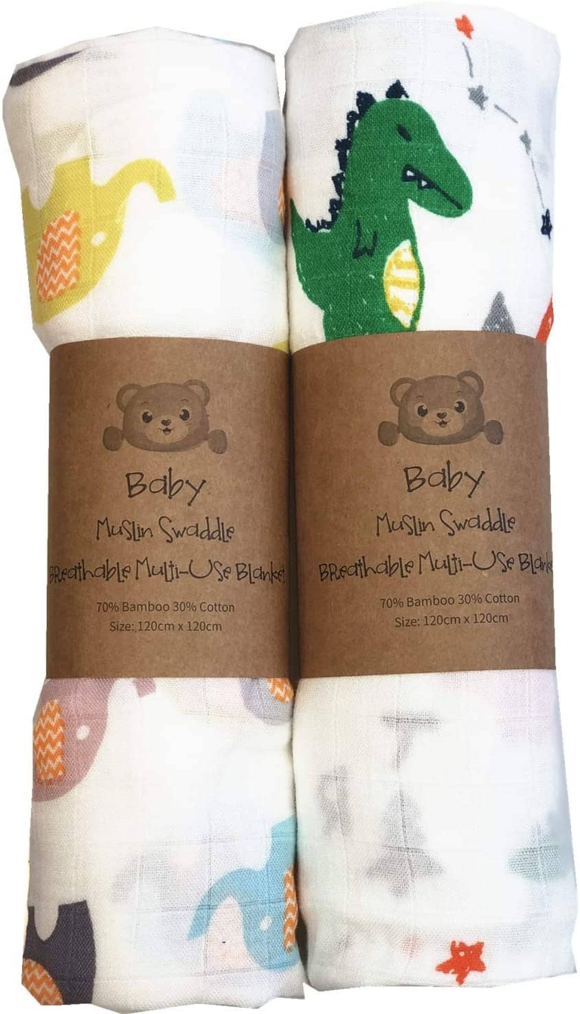 Best Home And Baby Extra Large Muslin Swaddle Blankets, Dinosaur & Elephant