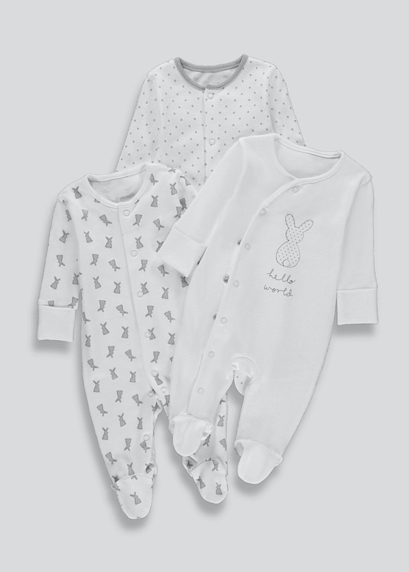 Unisex 3 Pack Bunny Sleepsuits - Matalan