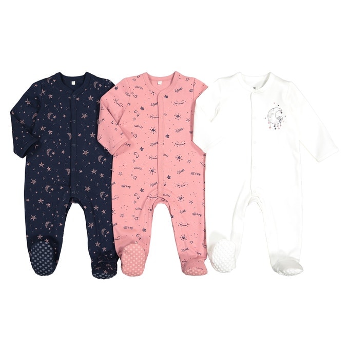 Pack of 3 Cotton Newborn Sleepsuits in Moon Print - La Redoute