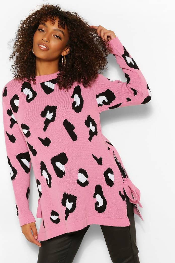 Boohoo Tie Side Leopard Crew Neck Jumper