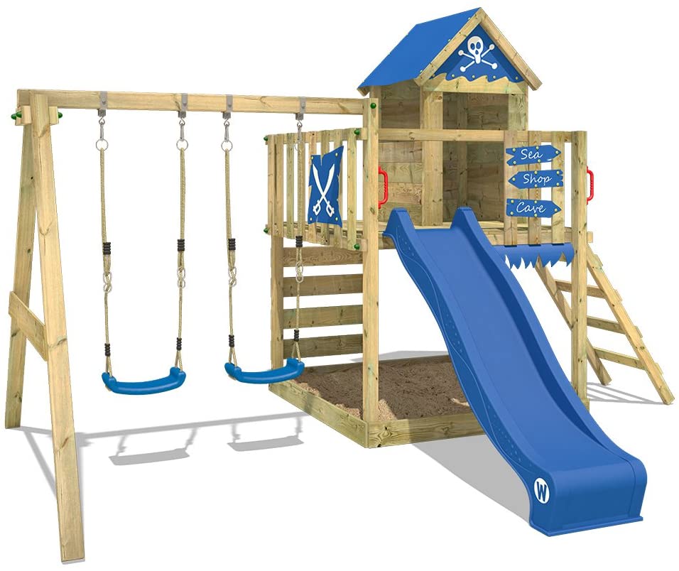 WICKEY Wooden Climbing Frame Smart Cave with Swing Set and Blue Slide