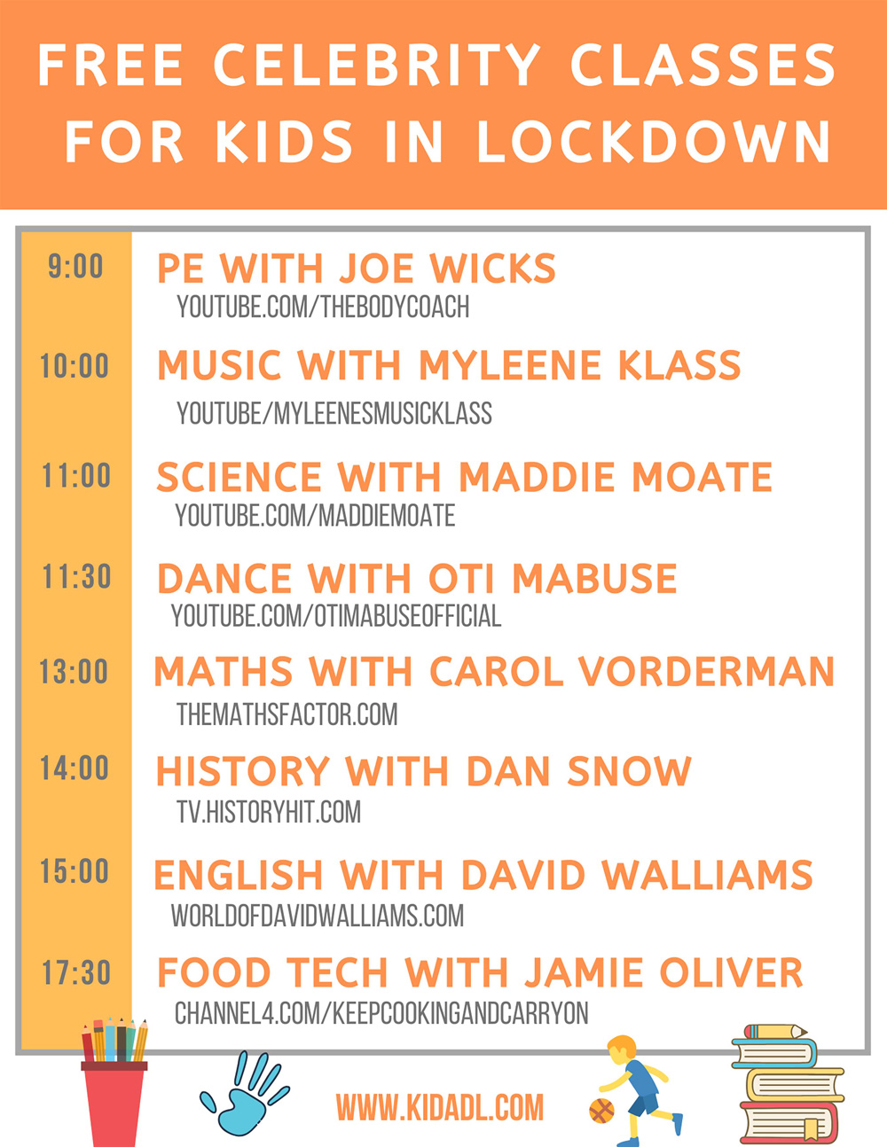 Free celebrity classes for kids in lockdown.
