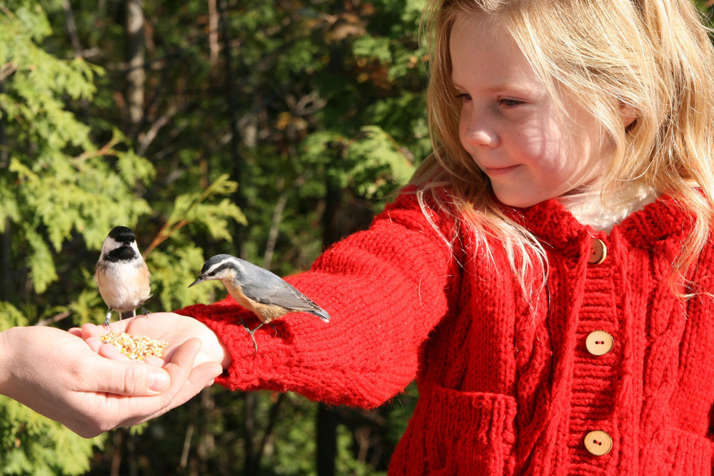 Young girl with 2 birds resting on her arm.
