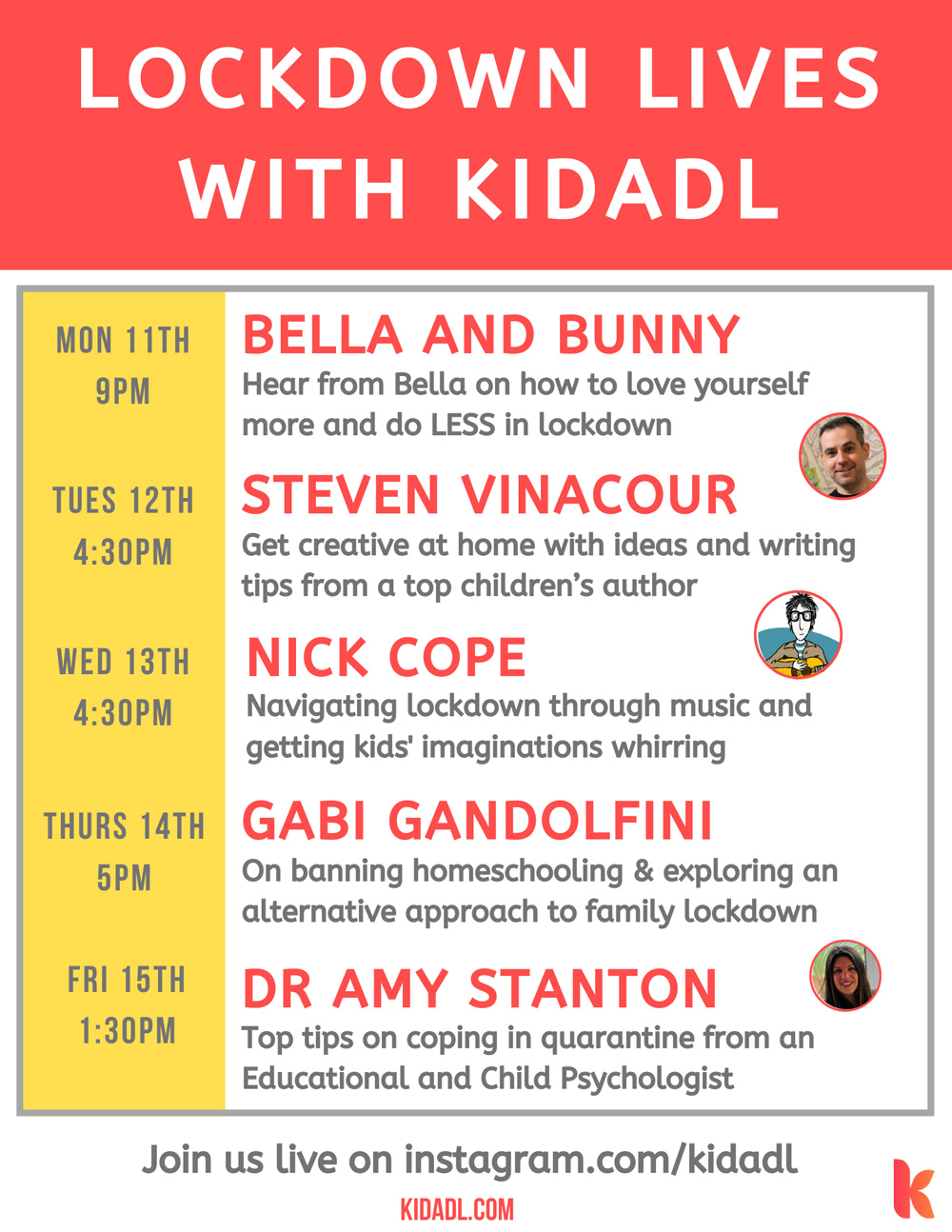 Alleviate the 7-week itch with Kidadl's series of lockdown live streams.
