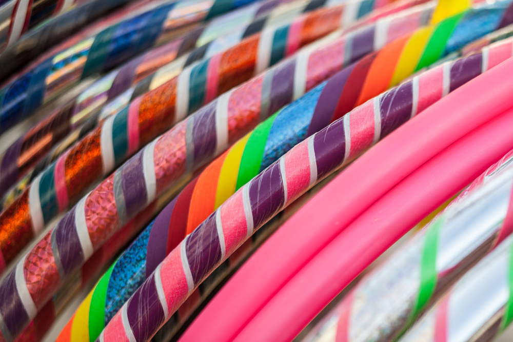 Colourful hula hoops.
