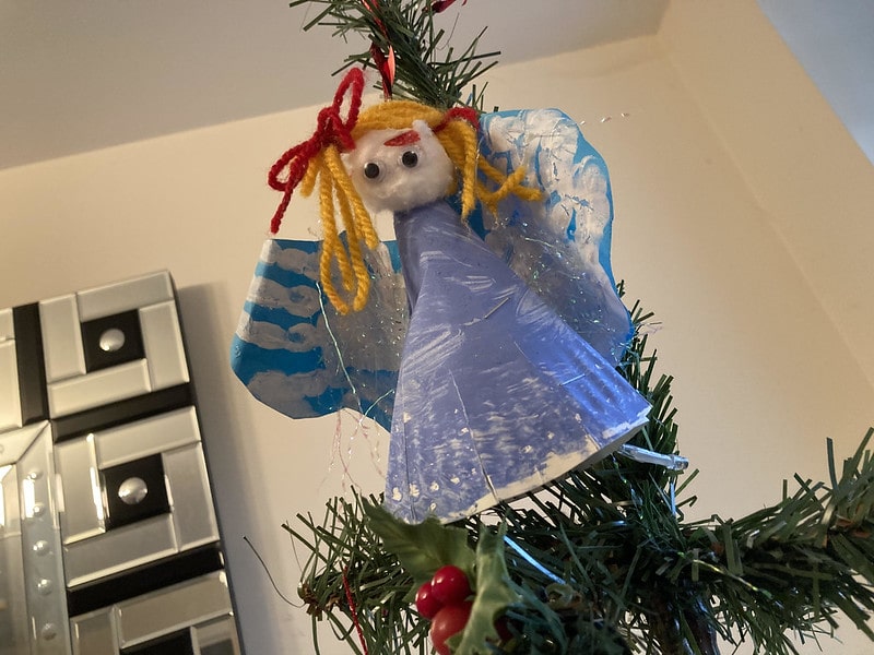 A homemade Christmas angel decoration.