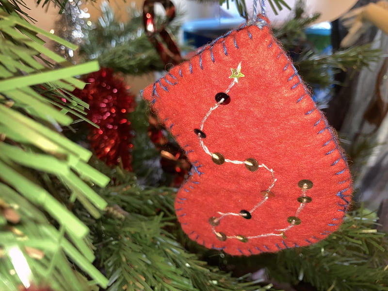 A homemade Christmas stocking decoration.
