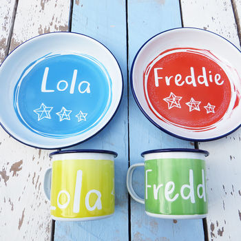 Personalised Enamel Plate And Mug Set.