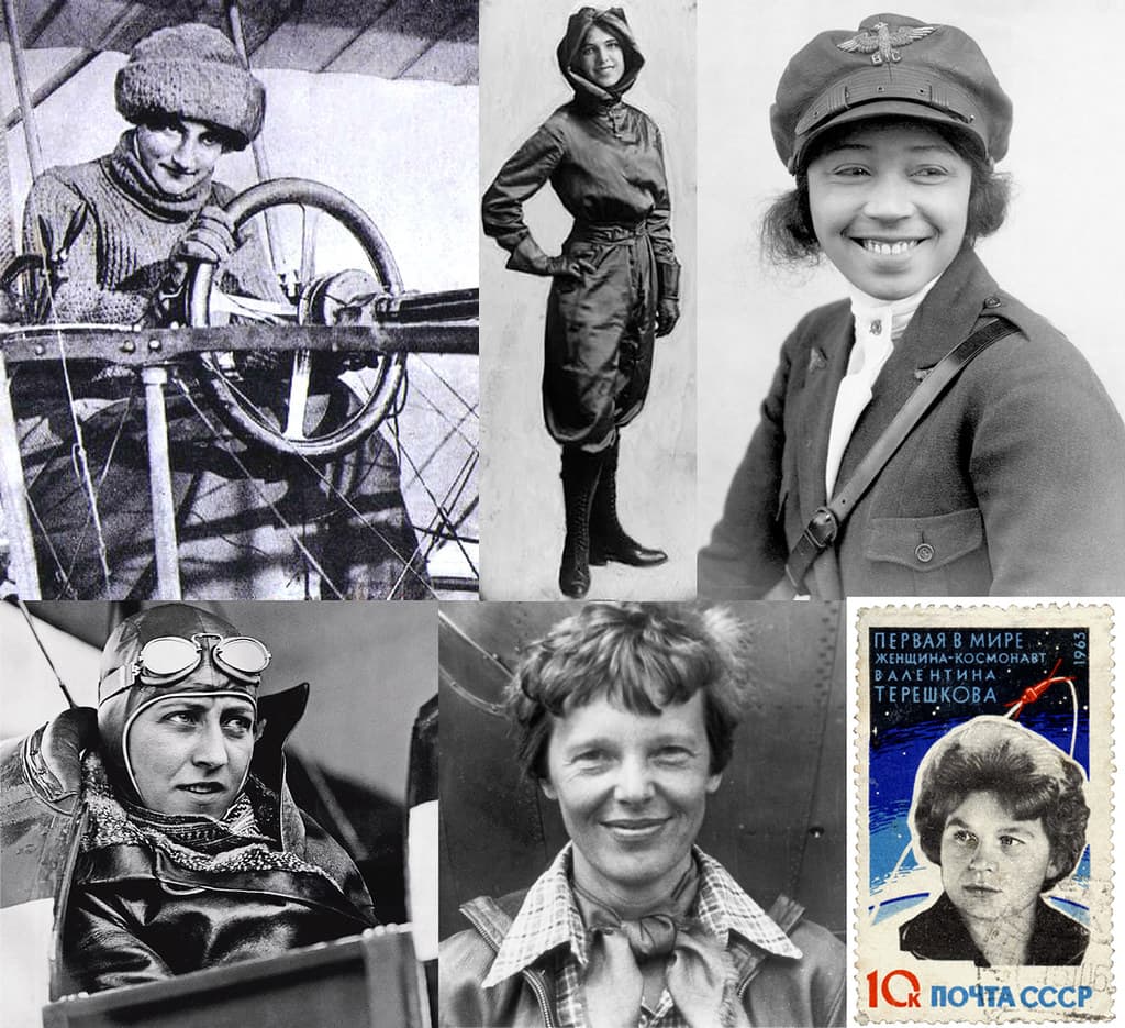 Clockwise from top left: Raymonde de Laroche, Harriet Quimby, Bessie Coleman, Amy Johnson, Amelia Earhart, Valentina Tereshkova (on a commemorative stamp).