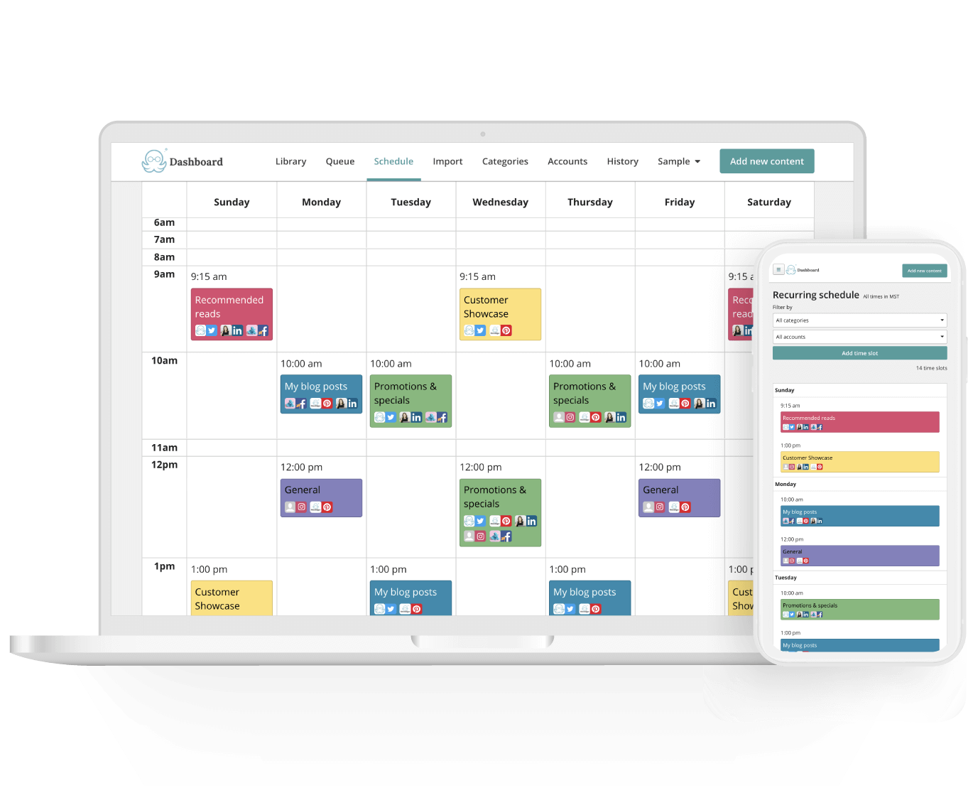 MeetEdgar - content calendar, multiple social media accounts, and ability to schedule posts