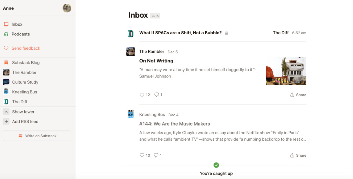 Substack email inbox