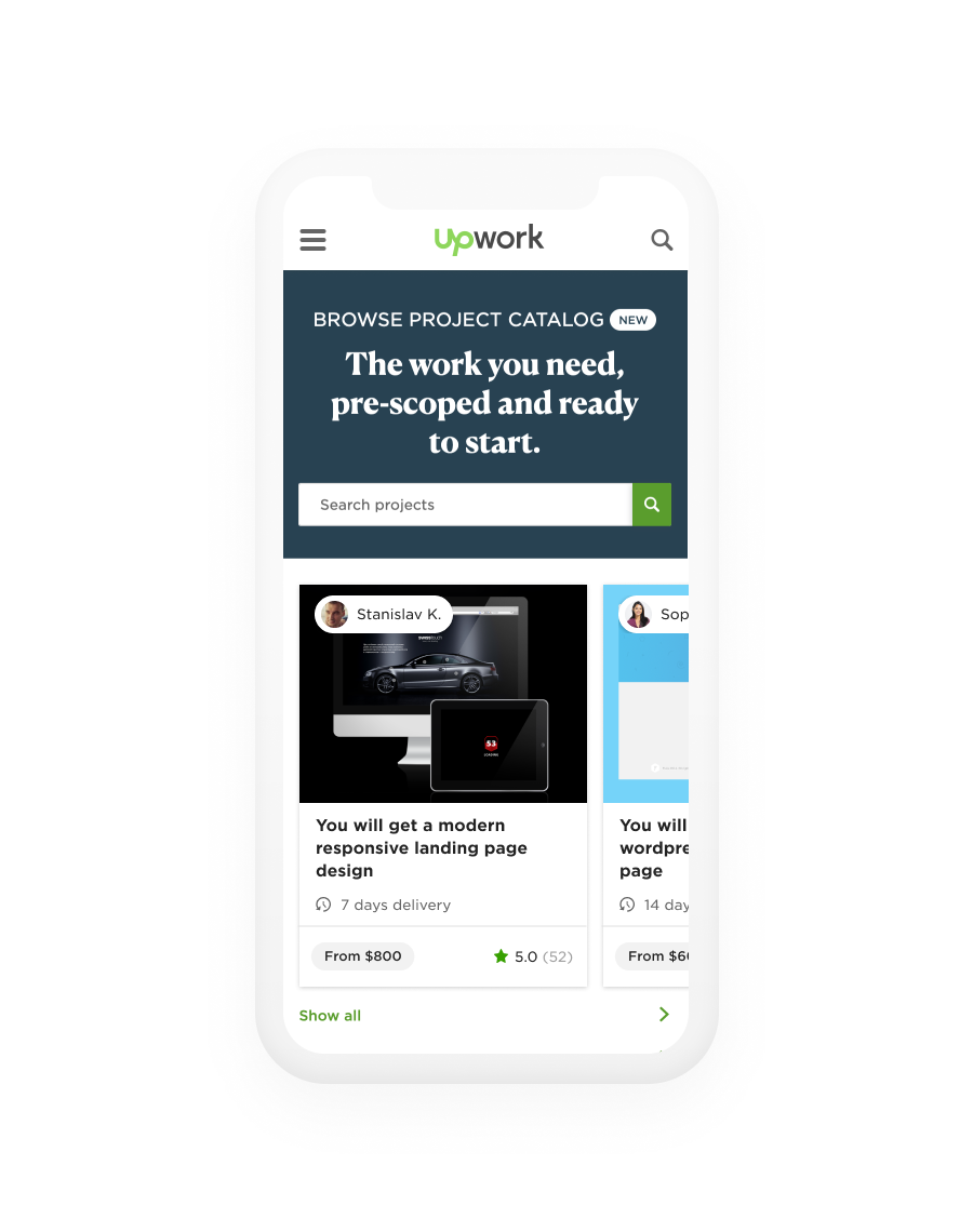 Mobile browsing view of Project Catalog