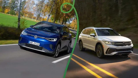 Volkswagen ID.4 and Volkswagen Tiguan side-by-side driving on the road