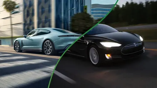 taycan and model s in motion 