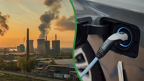 Left: Nuclear power plant producing steam. Right: EV plugged in and charging.